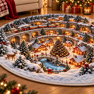 Christmas Train Village 3D Illusion Round Rug, Snowy Winter Wonderland Floor Mat, Holiday Area Carpet for Living Room, Xmas Home Decor cda3ed74-ff2f-44cf-8043-f0fb3faab2f5-Snowy-Christmas-Village-Illusion-Rug-4.png