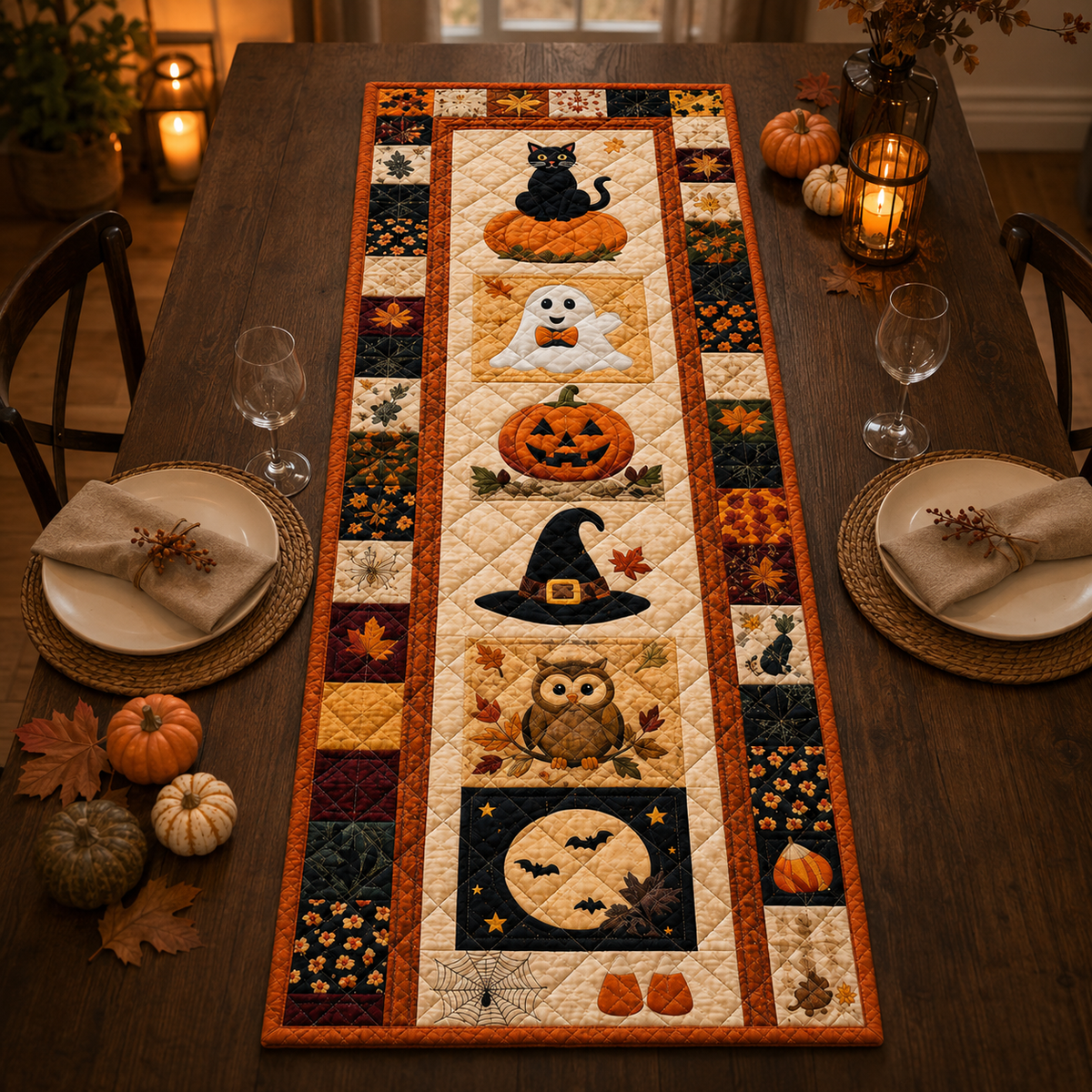 Halloween Quilted Table Runner, Fall Autumn Patchwork Decor, Pumpkin Witch Owl Print cdae00fc-5dab-41cc-9cac-56e8c076f778-1.png
