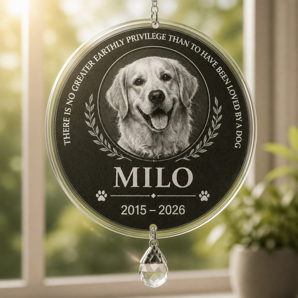 Pet Memorial Slate – Loved By A Dog (Photo + Name + Years) - Personalized 1 Layered Suncatcher with Charm cdbe2f99-c55e-4e8b-a7df-12fcf2b830fb.jpg