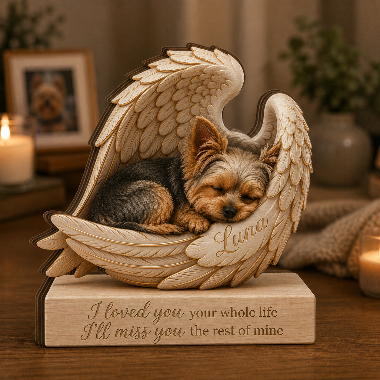 Personalized Wood Yorkie Memorial Block: Custom Angel Wing Dog Portrait Stand, Pet Sympathy Gift