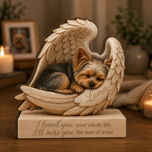 Personalized Wood Yorkie Memorial Block: Custom Angel Wing Dog Portrait Stand, Pet Sympathy Gift