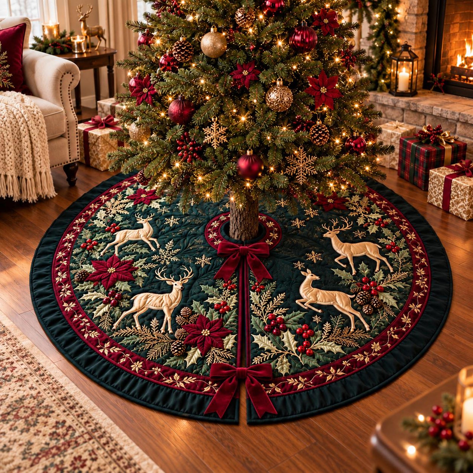 Golden Deer Christmas Tree Skirt, Elegant Woodland Holiday Decor cdea2945-da3b-4df7-bd54-73fea563c176-banner-3.jpg