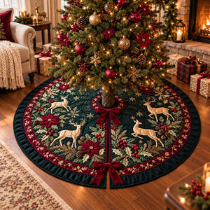Golden Deer Christmas Tree Skirt, Elegant Woodland Holiday Decor cdea2945-da3b-4df7-bd54-73fea563c176-banner-3.jpg