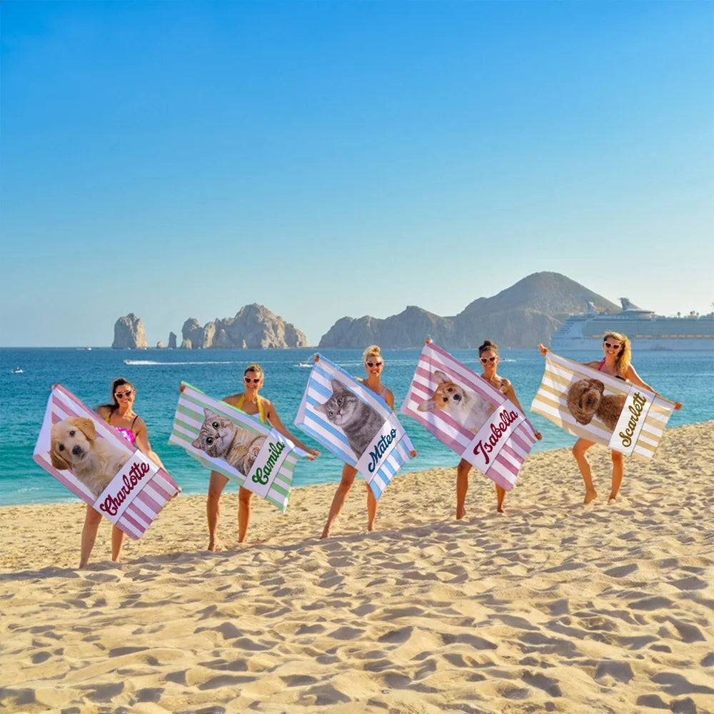 Personalised Pet Photo Stripe Soft Quick Dry Oversized Beach Towel with Name Summer Travel Vacation Essential Birthday Gift for Pet Lovers