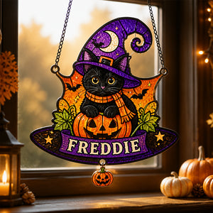 Personalized Halloween Witch-Hat Cat Doormat (Custom Shape) - Personalized 1 Layered Suncatcher with Charm ce244d29-d5e3-4950-8eec-440bb14840aa.jpg