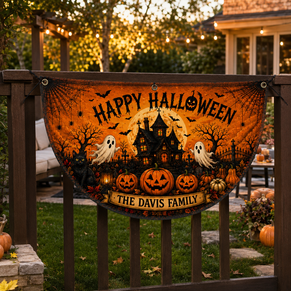 Personalized Halloween Ghost Pumpkin Bunting Flag, Custom Family Name Semicircular Flag, Outdoor Banner, Fall Decor Flag ce6ab17f-3b92-463f-896b-3df206fd233b-banner-1.png