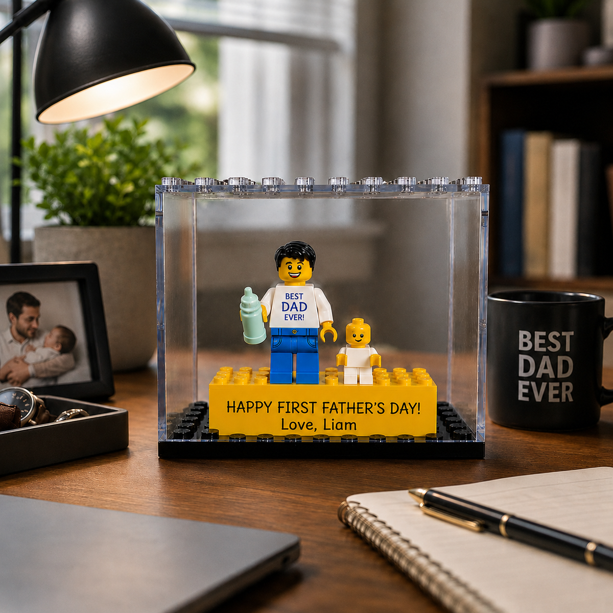 Personalized Minifigure Set with Custom Display Case , First Fathers Day Personalised Mini Figure Gift for Dad, Custom Daddy & Baby Keepsake