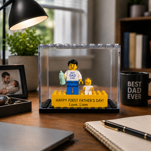 Personalized Minifigure Set with Custom Display Case , First Fathers Day Personalised Mini Figure Gift for Dad, Custom Daddy & Baby Keepsake
