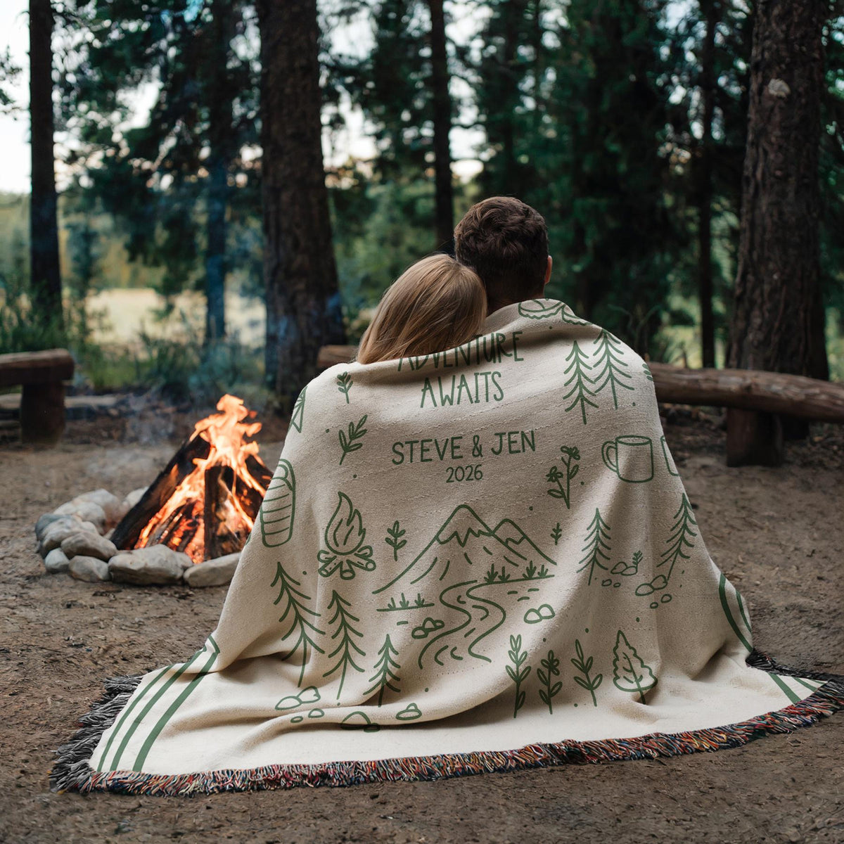 Personalized Couples Woven Throw Blanket | Adventure Awaits Moss Green Boho Stripe, Doodle Style Home Accent Wedding Engagement Anniversary cf619056-3729-4569-9776-a224092967b2-1.jpg
