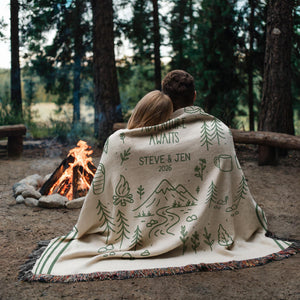 Personalized Couples Woven Throw Blanket | Adventure Awaits Moss Green Boho Stripe, Doodle Style Home Accent Wedding Engagement Anniversary cf619056-3729-4569-9776-a224092967b2-1.jpg