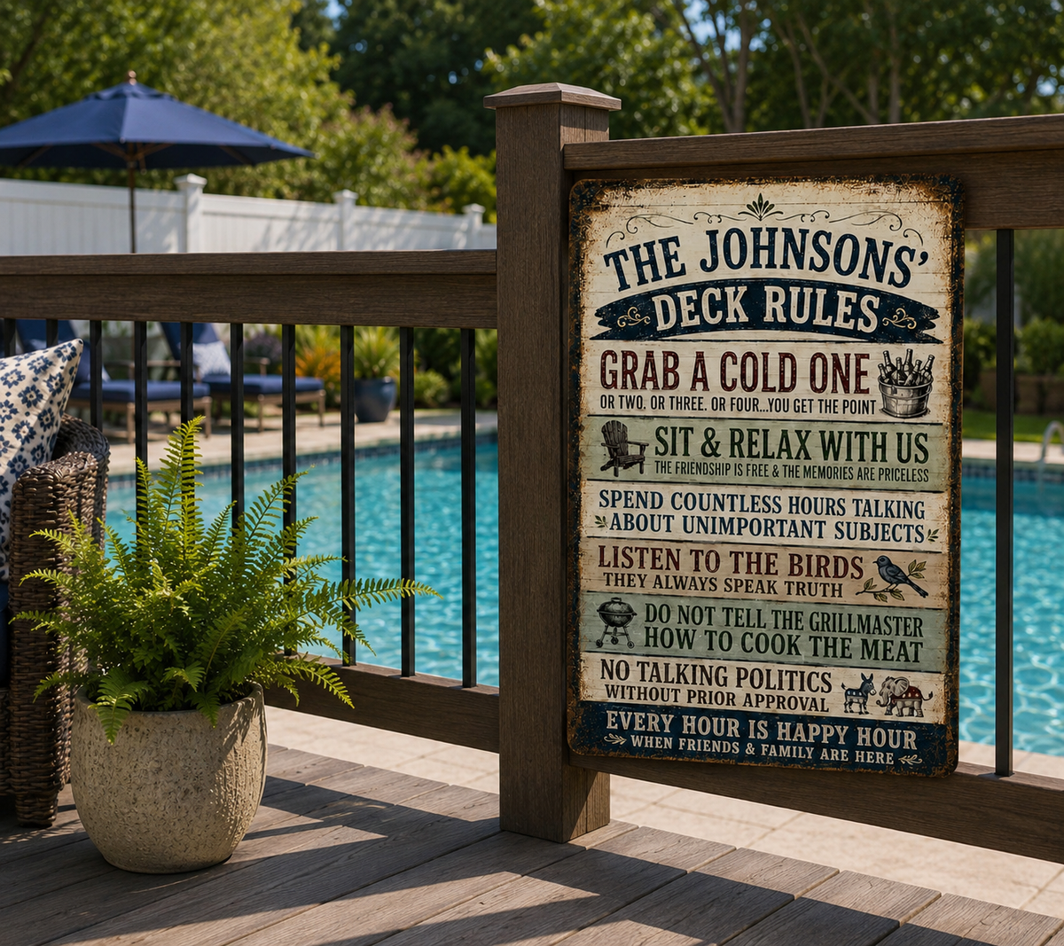 Personalized Funny Deck Rules Metal Sign, Custom Family Name Patio Decor, Backyard Bar Art