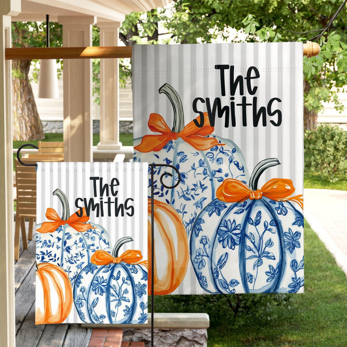 Personalized Garden Flag Outdoor Display Family Name Custom Design Watercolor Pumpkin Fall Decoration Welcome Sign Plaid Pattern Blue Fabric cf994a66-8f7b-49c1-a3ee-095157a2a737-1.png