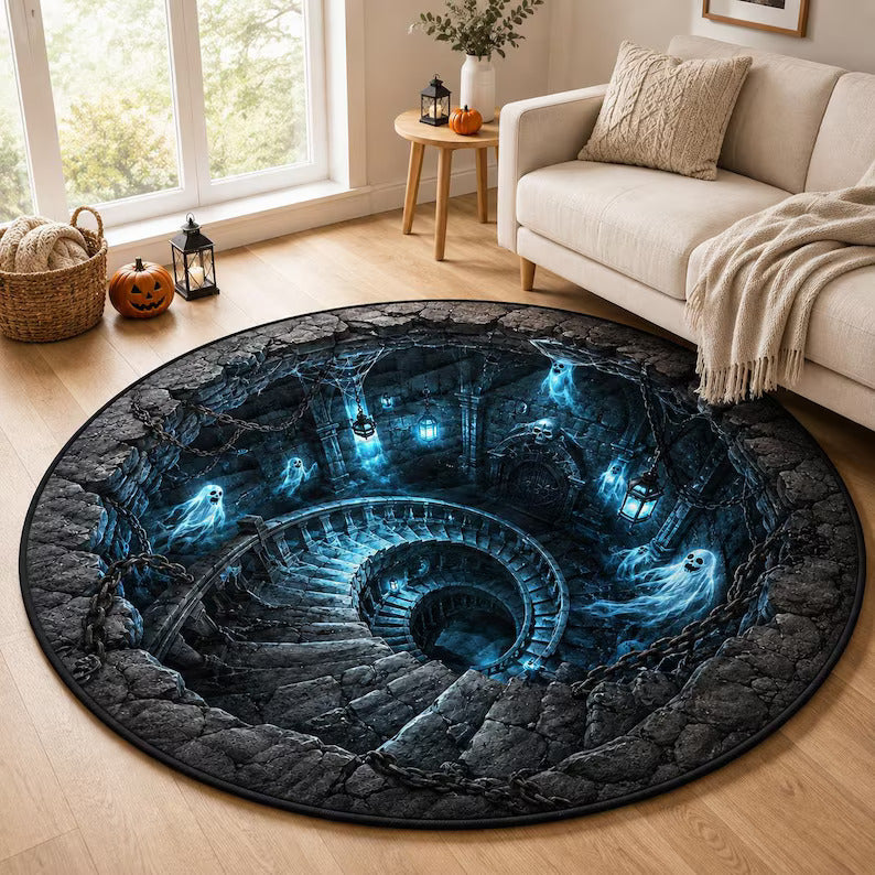 Halloween Quilted Round Rug, 3D Glowing Ghost Spiral Staircase Circle Area Rug, Spooky Dungeon Pit Floor Mat, Dark Gothic Home Decor cfa7f3ea-c198-4947-82a7-d8e29bf0faff-g-2-.jpg