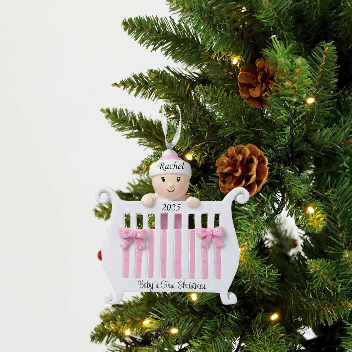 2025 Baby s First Christmas Ornament - Baby Girl in Crib - Personalized Holiday Keepsake Custom My 1st Christmas Ornament for Baby & Grandbaby Engraved Gift for Newborn s 1st Xmas