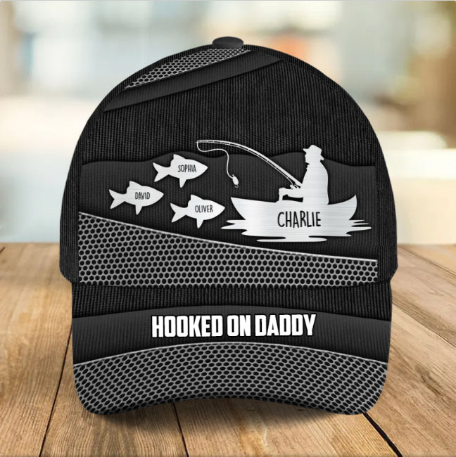 Hooked On Fishing Papa Dad Metal Printed Personalized Classic Cap