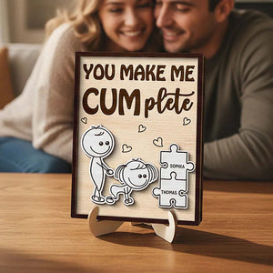 Funny Inappropriate Couple You Make Me Cumplete - Personalized 2-Layered Wooden Plaque - Funny Valentine's Day Gift For Couple