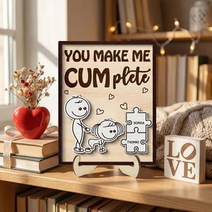 Funny Inappropriate Couple You Make Me Cumplete - Personalized 2-Layered Wooden Plaque - Funny Valentine's Day Gift For Couple