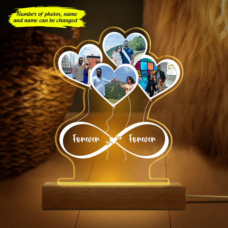 Custom Photo Infinity Hearts Balloons Couple 3D Acrylic Plaque LED Night Light Personalized Gift For Couple Anniversary Gift Night Light With Wooden base