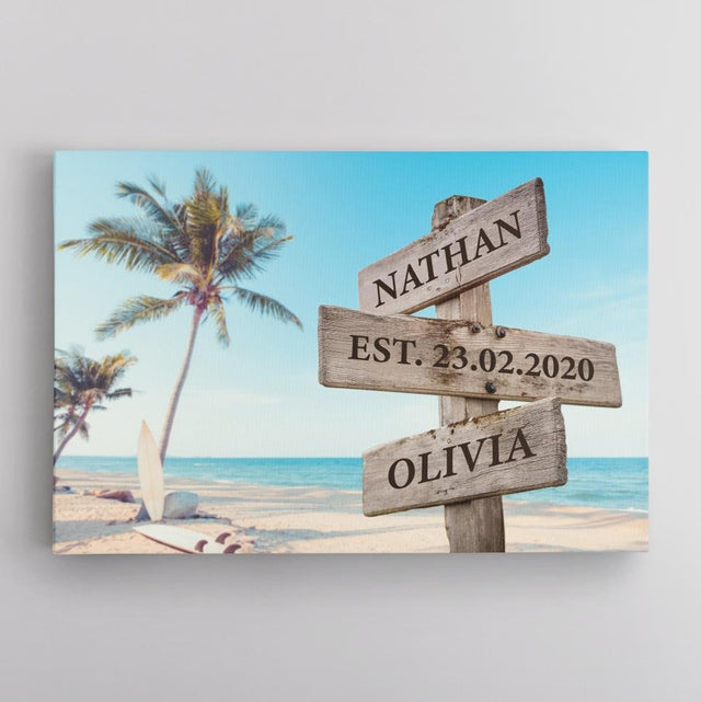 Couple Custom Street Sign Canvas Art Print Sunset Beach Meadow Background personalized gift for couple, anniversary gift