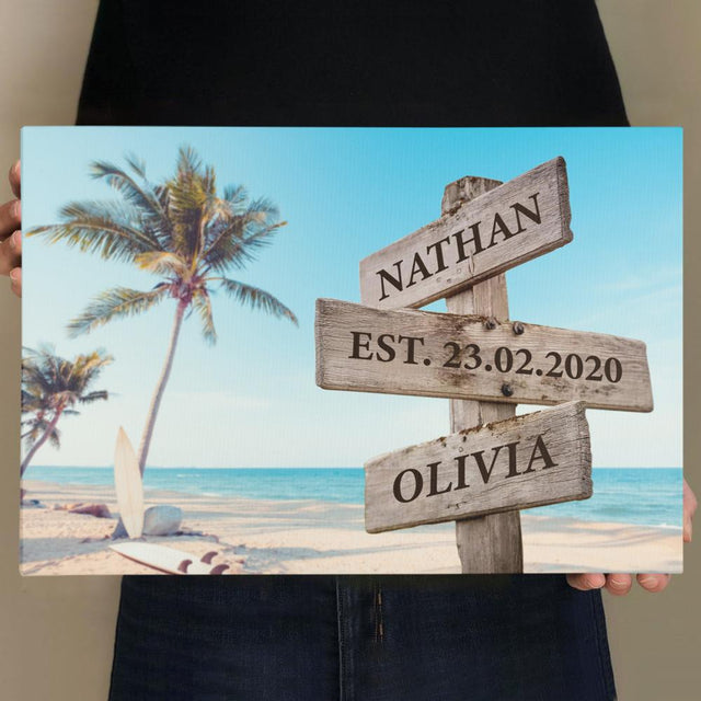 Couple Custom Street Sign Canvas Art Print Sunset Beach Meadow Background personalized gift for couple, anniversary gift