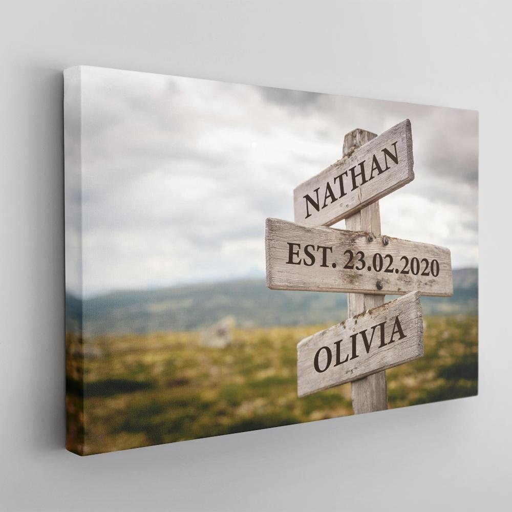 Couple Custom Street Sign Canvas Art Print Sunset Beach Meadow Background personalized gift for couple, anniversary gift