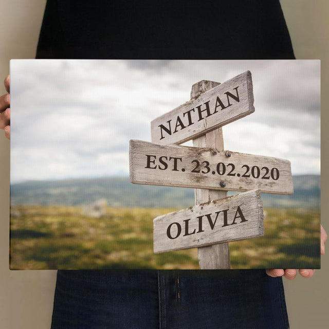 Couple Custom Street Sign Canvas Art Print Sunset Beach Meadow Background personalized gift for couple, anniversary gift