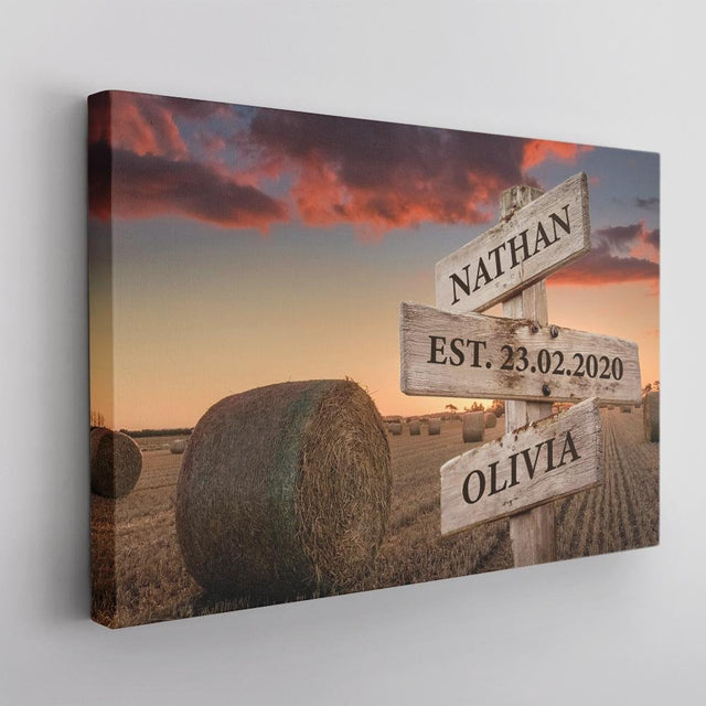 Couple Custom Street Sign Canvas Art Print Sunset Beach Meadow Background personalized gift for couple, anniversary gift