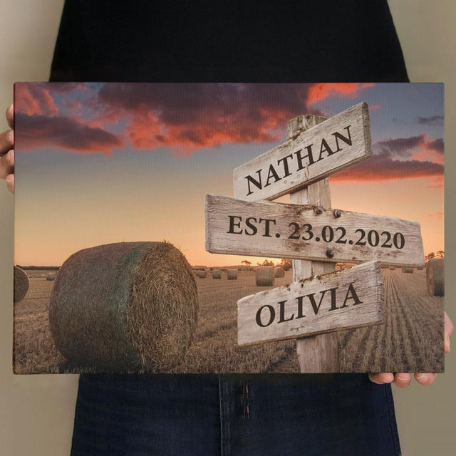 Couple Custom Street Sign Canvas Art Print Sunset Beach Meadow Background personalized gift for couple, anniversary gift