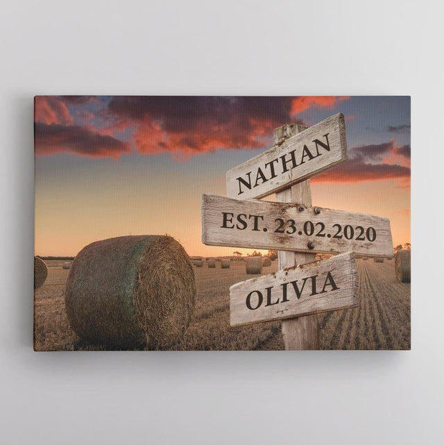 Couple Custom Street Sign Canvas Art Print Sunset Beach Meadow Background personalized gift for couple, anniversary gift