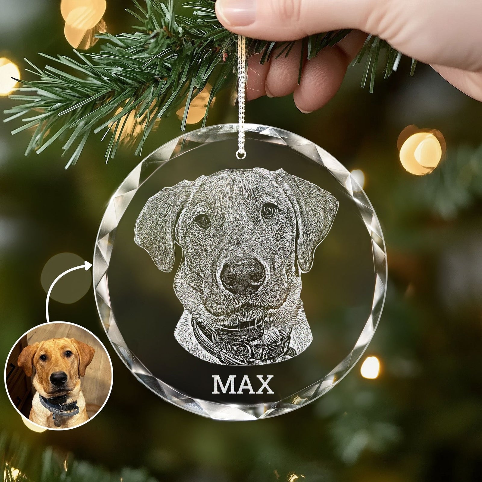 Personalized Dog Photo Glass Ornament Engraved Custom Pet Glass Ornament Engraved - Etched Your Dog Photo on Crystal Ornament