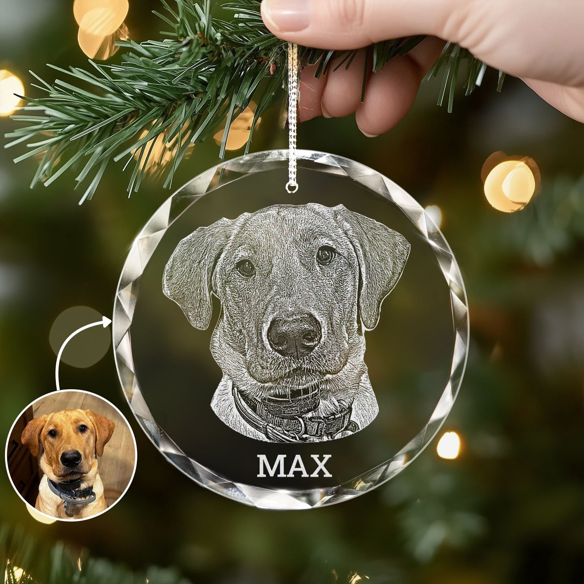 Personalized Dog Photo Glass Ornament Engraved Custom Pet Glass Ornament Engraved - Etched Your Dog Photo on Crystal Ornament
