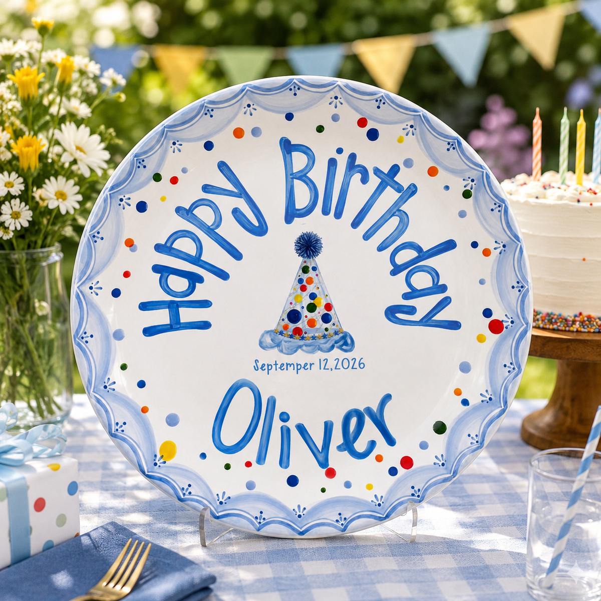 Personalized Boys Birthday Plate, Custom Name Ceramic Plate, Party Hat Colorful Dots, Kids Keepsake Gift, Birthday Party Decor d0162994-1466-4f6b-a2af-697382fca08c-banner-4.png