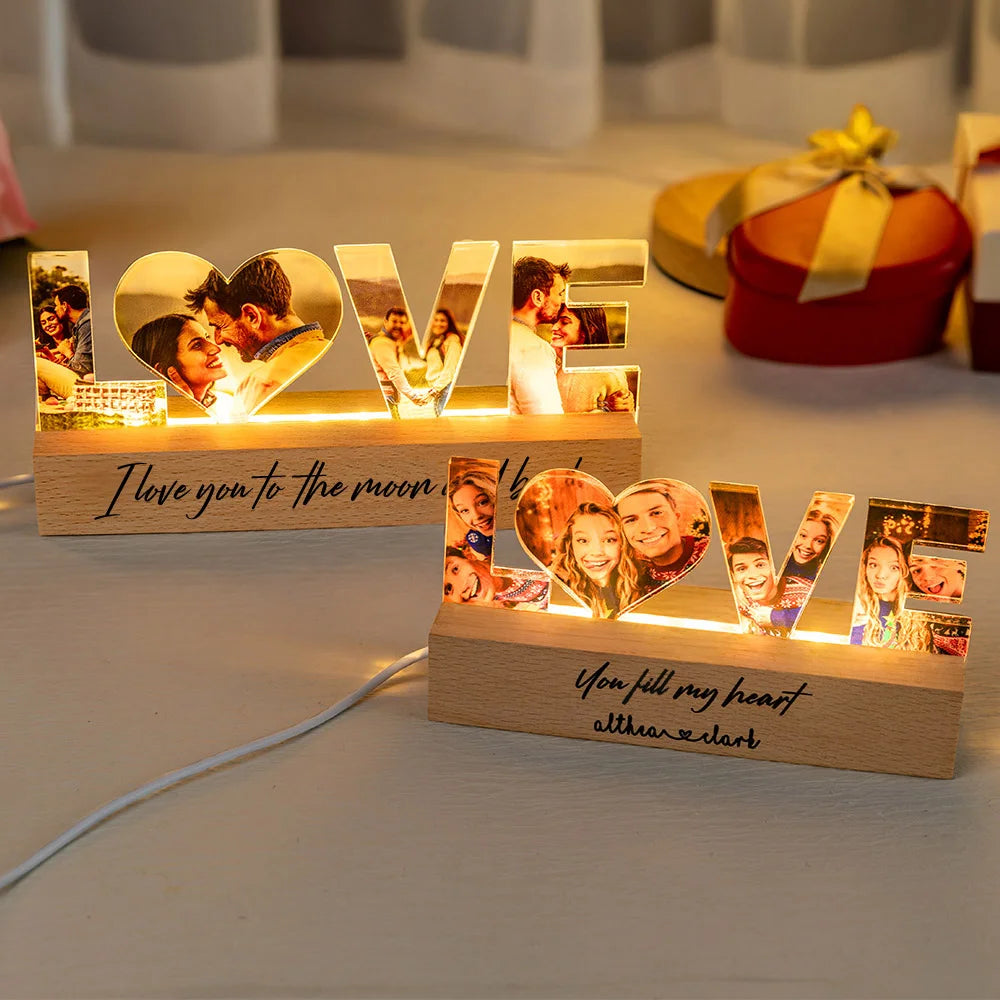 Personalised Couple Photos LED Night Light with Wooden Base Home Decor Anniversary Valentine's Day Gift for Couples