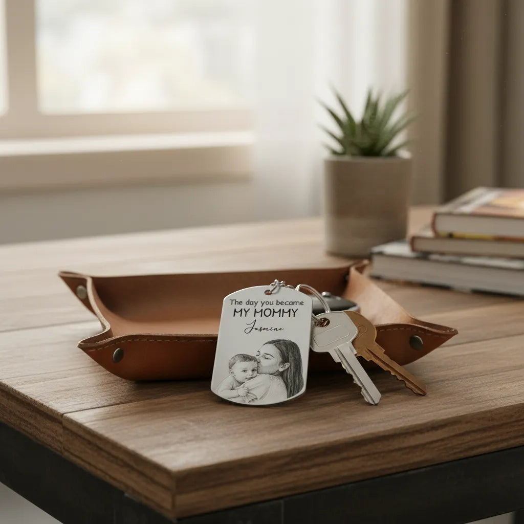 Custom Photo Pencil Sketch Calendar The Day You Became My Mom - Personalized Keychain