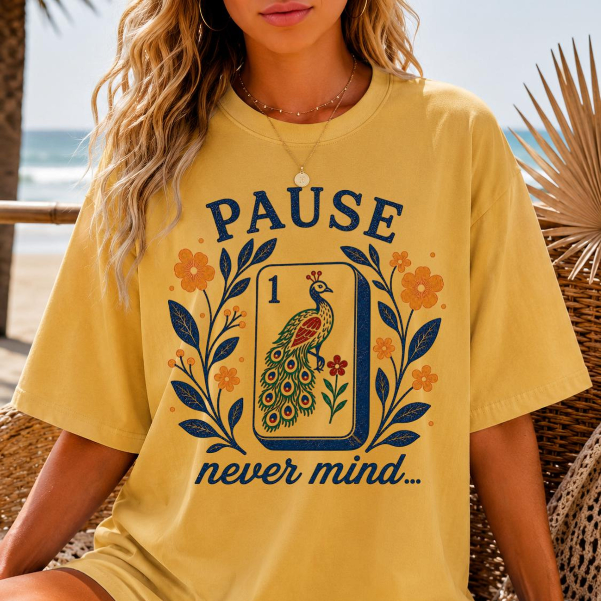 Pause Nevermind, Funny Mahjong Shirt, Peacock Mahjong Tee, Comfort Colors Graphic T-Shirt, Mahjong Player, Retro Floral, Mahj, Yellow Blue d0862787-cc66-4449-8207-0d6f3d257992-8.png