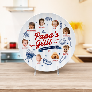 Papa's Grilling Plate Round, Personalized Grandpa Platter, Papa Photo BBQ Plate With Kids Face, Fathers Day Gift From Grandkids