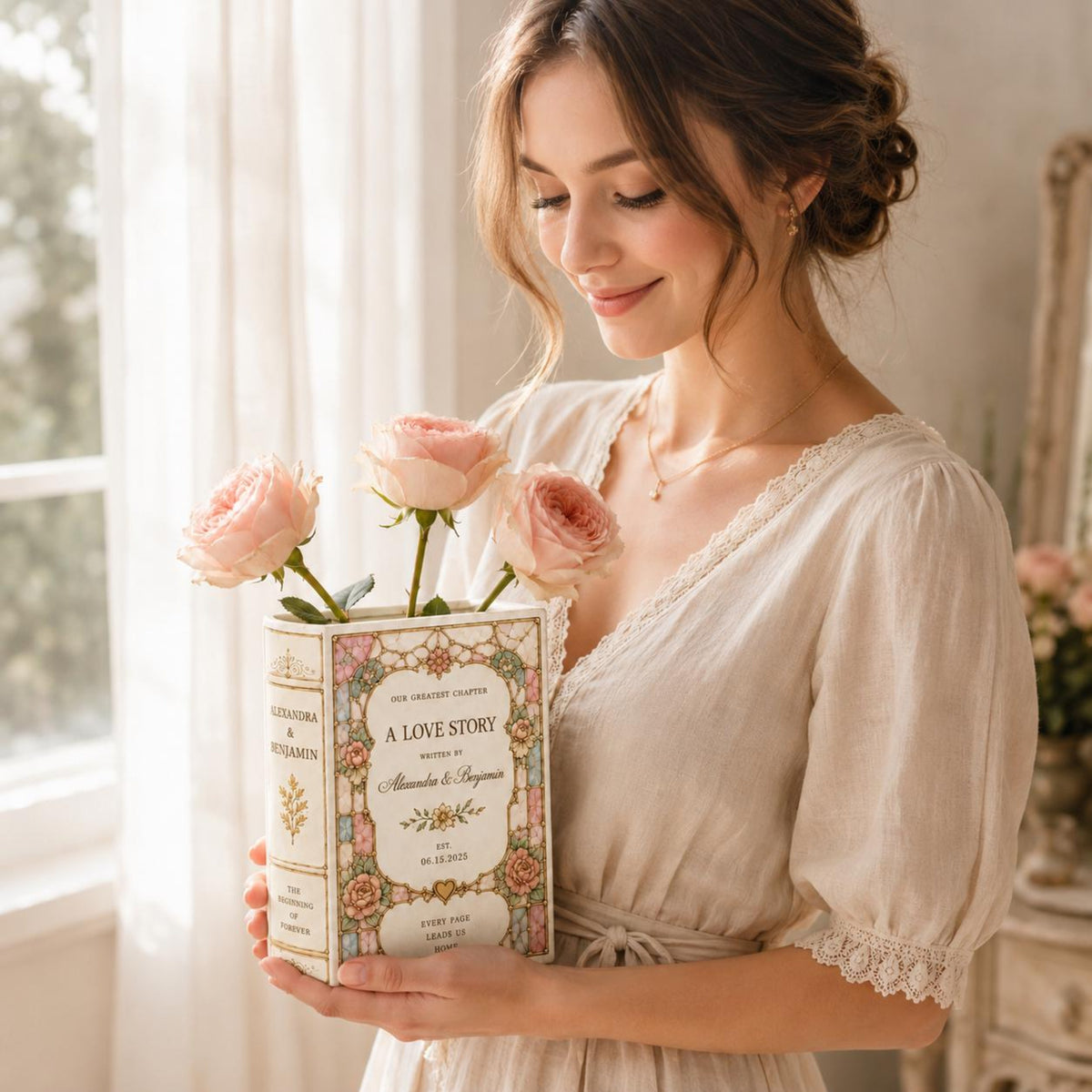 Custom Toile De Jouy Ceramic Book Vase, Personalised Wedding Gift for Couple, Bridal Shower Gift, Engagement, Wedding Gift, Bridesmaid Gift d0baa7c7-a69e-45fa-8245-fe2b0e4cee84-2.jpg