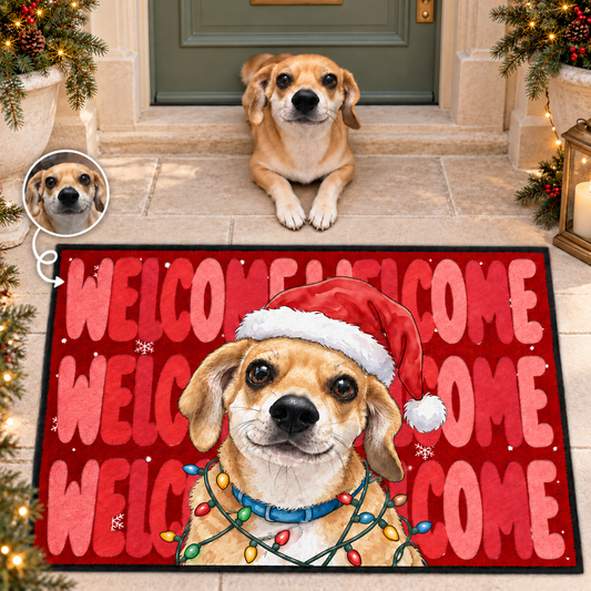 Custom Pet Photo Festive Welcome Decor - Personalized Decorative Matm, Cute Gift d0c5ae08-29cc-46c1-afa1-bd1317d99609-Santa-hat-dog-on-a-Christmas-doormat.png