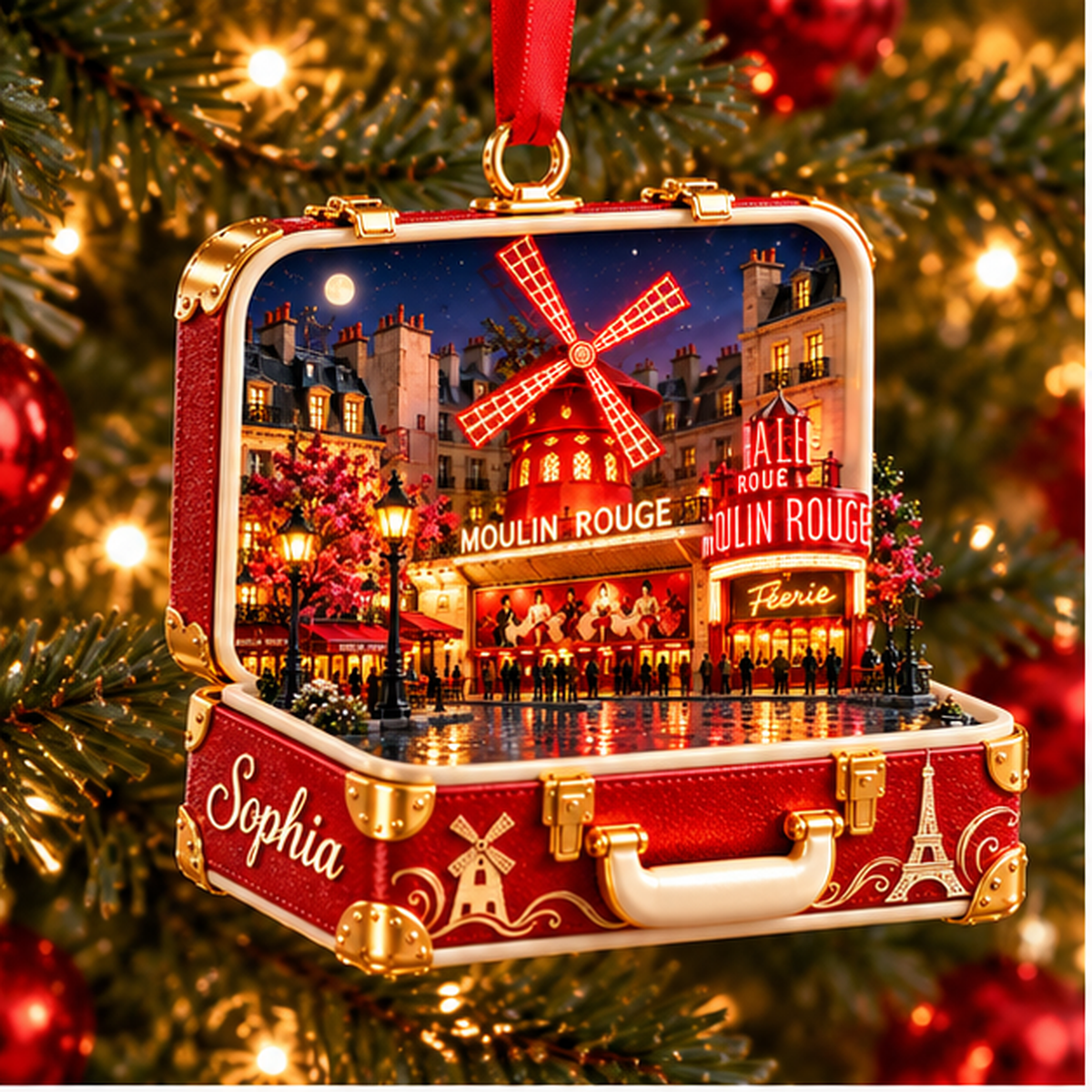 Personalized Moulin Rouge Paris 3D Suitcase Christmas Ornament, Custom Name France Travel Keepsake, Paris Cabaret Vacation Souvenir Gift d0dfb352-7cbb-4d5b-8307-a55c077eb890-moulin_rouge_christmas_tree_1200x1200.png