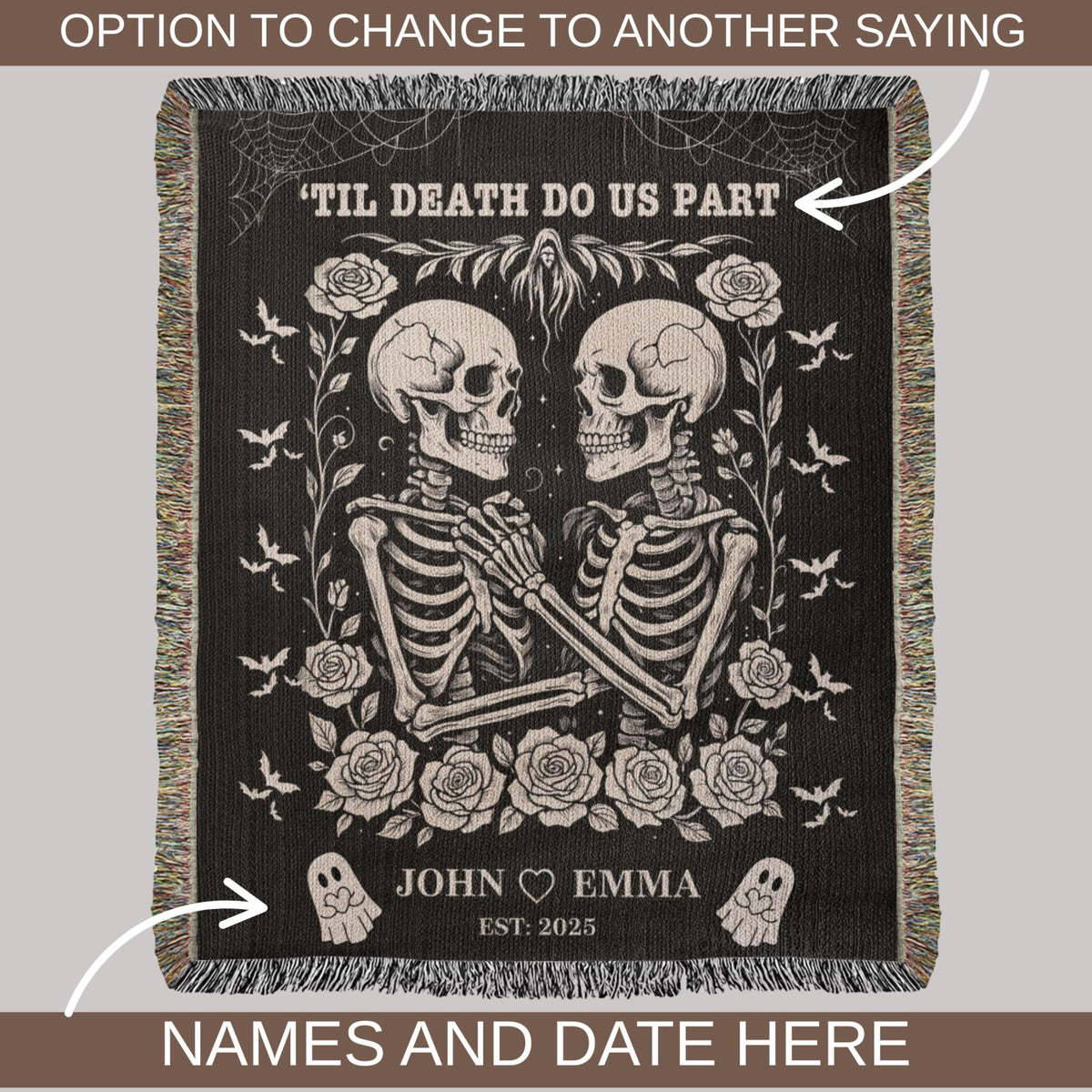 Skeleton Couple Till Death Blanket, Personalized Skeleton Lovers Wedding Blanket, Spooky Goth Couple Halloween Gift, Valentines, Anniversary d12421cc-9878-40af-8537-be16dc5af511-4.jpg