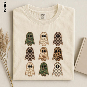 Halloween Ghost Faux Patchwork Shirt, Camo Leopard Checkered Ghosts Tee, Cute Spooky Season Comfort Colors Top, Fall Halloween Sweatshirt d1331dde-3181-49e2-b370-a76b0432896e-1.jpg