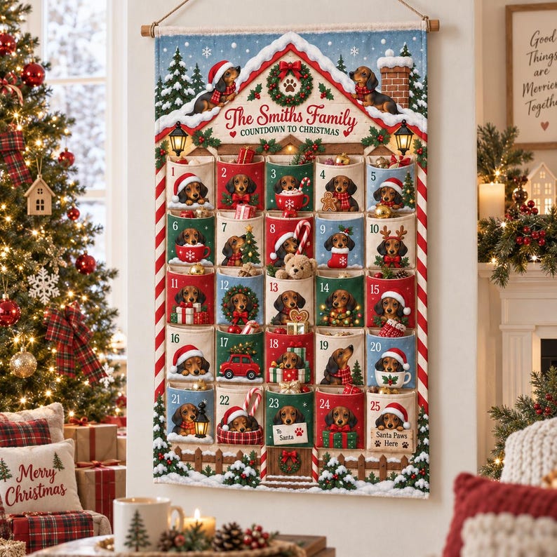 Personalized Dachshund Christmas Fabric Advent Calendar, 25 Day Pocket Countdown, Custom Family Name Dog Wall Hanging, Doxie Xmas Decor d17373df-a089-4972-b849-c62e056175b4-il_794xN.8602794403_hm9c.jpg