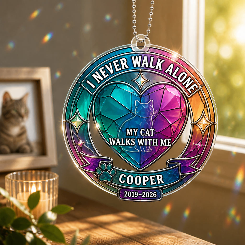 I Never Walk Alone — Cat Memorial Suncatcher (Name & Years) - Personalized Suncatcher Ornament d277c109-a31a-425b-8d12-4eb232d0455e.jpg