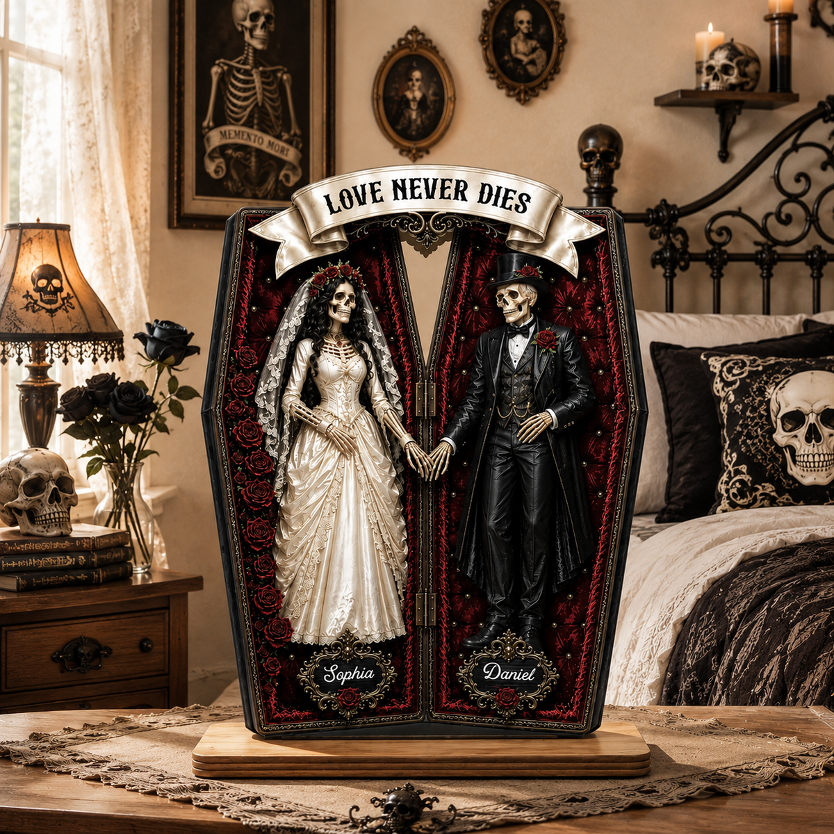 Love Never Dies - Personalized 2 Layer Wooden Plaque - Gift For Lovers Halloween