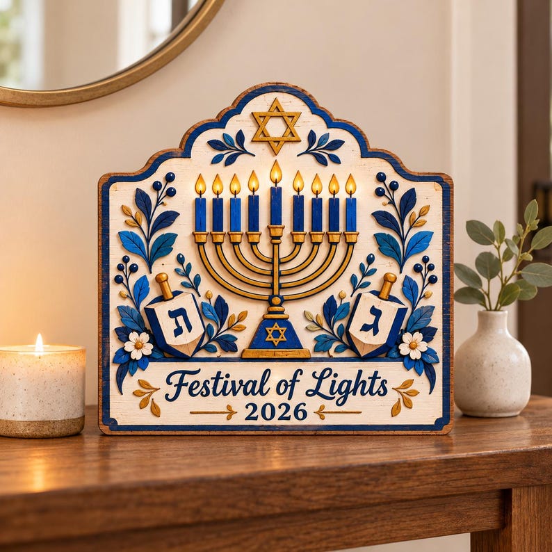 Hanukkah Menorah Wood Sign 2026, Festival of Lights Decor, Blue Gold Dreidel Jewish Holiday Table Sign, Hanukkah Home Decoration d29be81a-c5eb-4a8a-9d45-12a201c7d77c-kl4.jpg