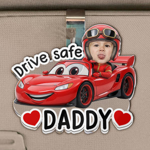 Father's Day Gifts, Drive Safe, Daddy, Papa, Mommy, Grandma - Custom Kids' Face Racing Cars - Personalized Car Visor Clip