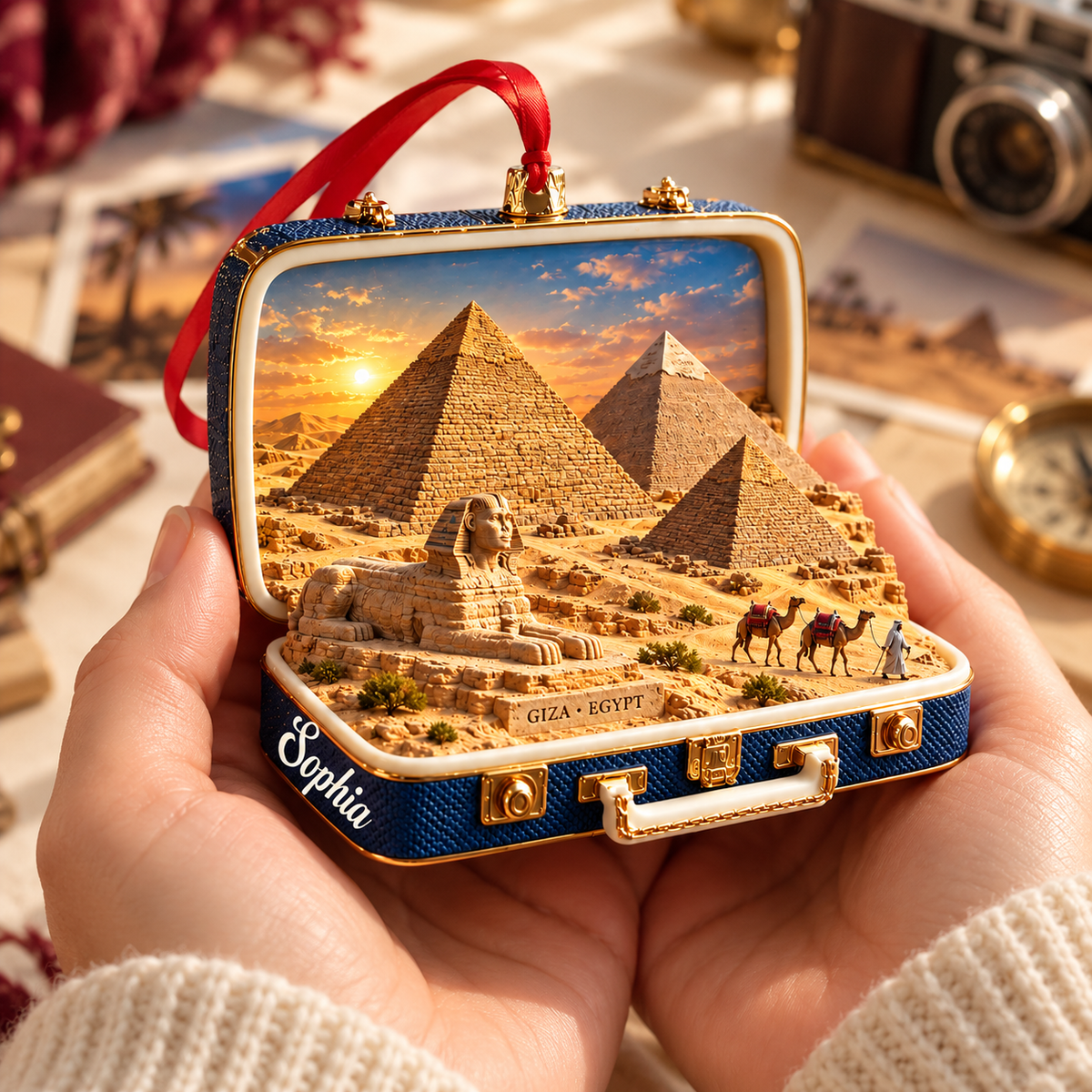 Personalized 3D Giza Pyramids Suitcase Christmas Ornament – Giza Egypt Travel Souvenir & Gift for Egypt Lovers d2ddc4ba-201b-4bac-a0bc-a9e277618f32-Handheld-Giza-Egypt-suitcase-ornament-4.png