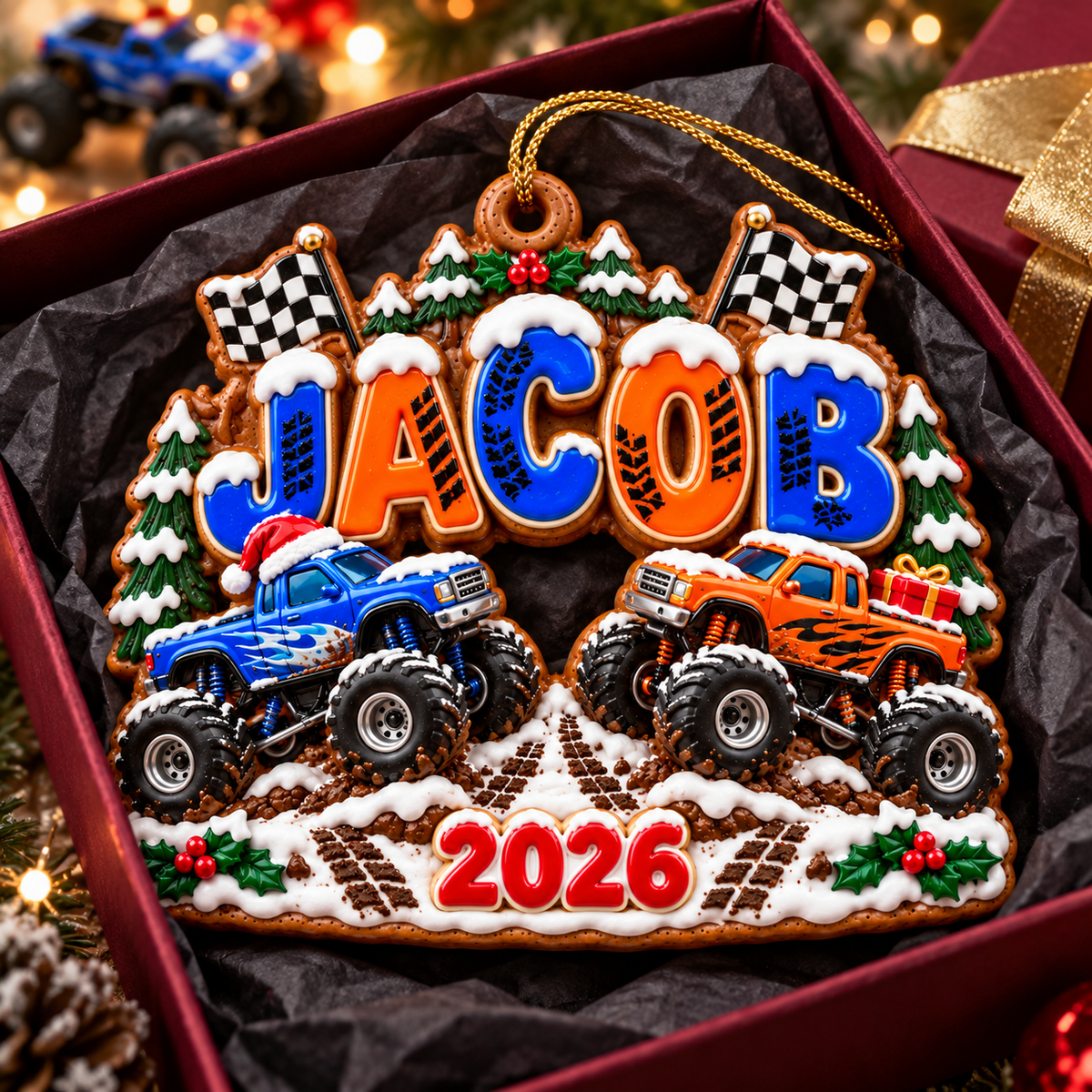 Personalized Monster Truck Christmas Ornament 2026 – Custom Name with Blue and Orange Trucks, Holiday Keepsake Gift for Kids and Truck Lovers d302409f-10d6-42a7-b661-6a8ccafb3e05-JACOB-Monster-Truck-Christmas-Ornament-3.png