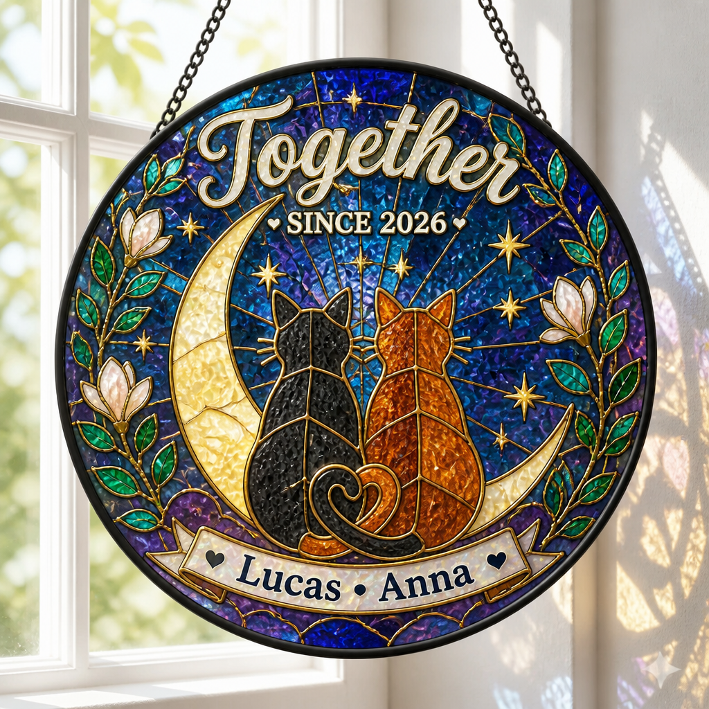 Together Since Cats Stained-Glass Suncatcher — Personalized Names & Year - Personalized Suncatcher Stained Glass d37d471e-e954-4a18-ac18-29485fe87194.png