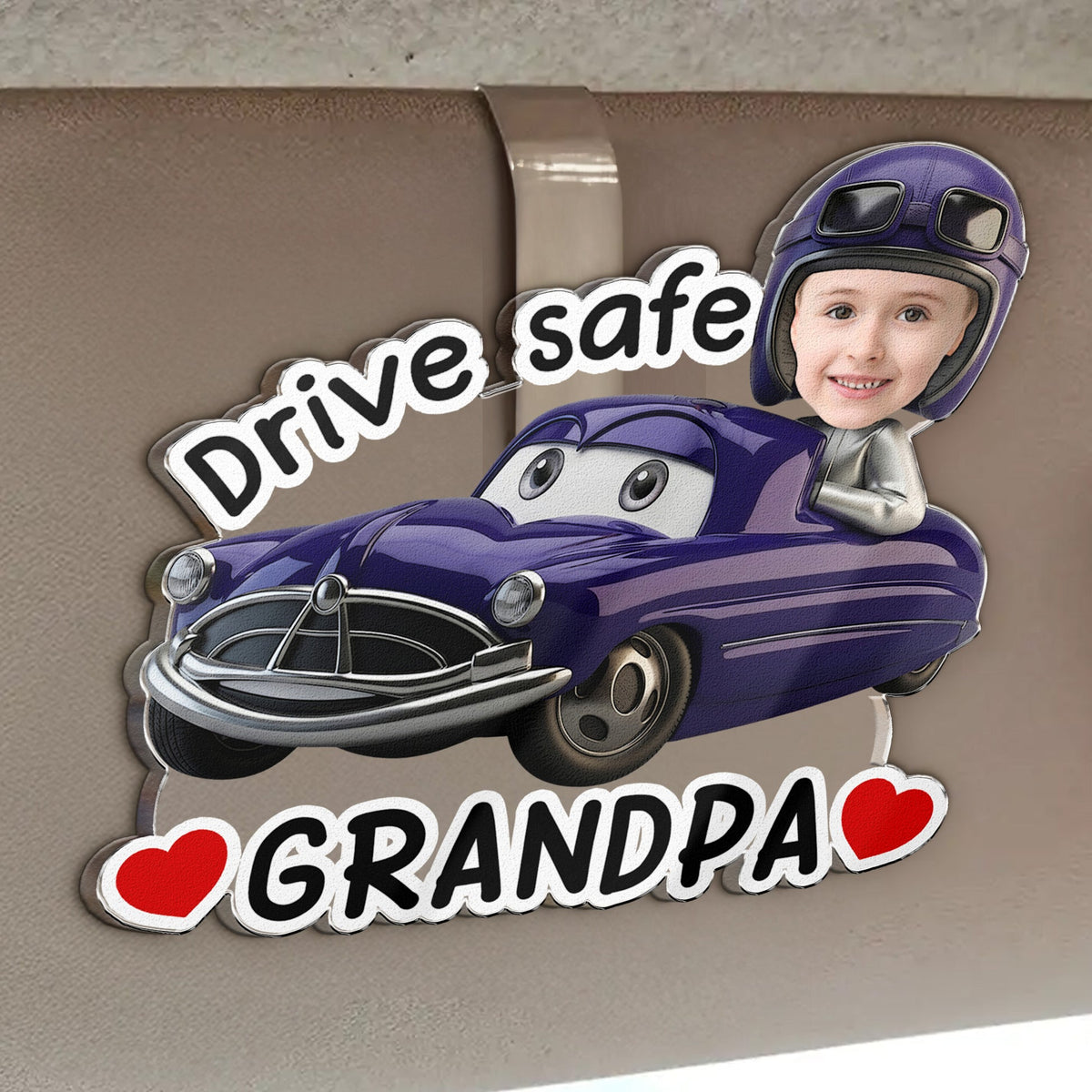 Father's Day Gifts, Drive Safe, Daddy, Papa, Mommy, Grandma - Custom Kids' Face Racing Cars - Personalized Car Visor Clip